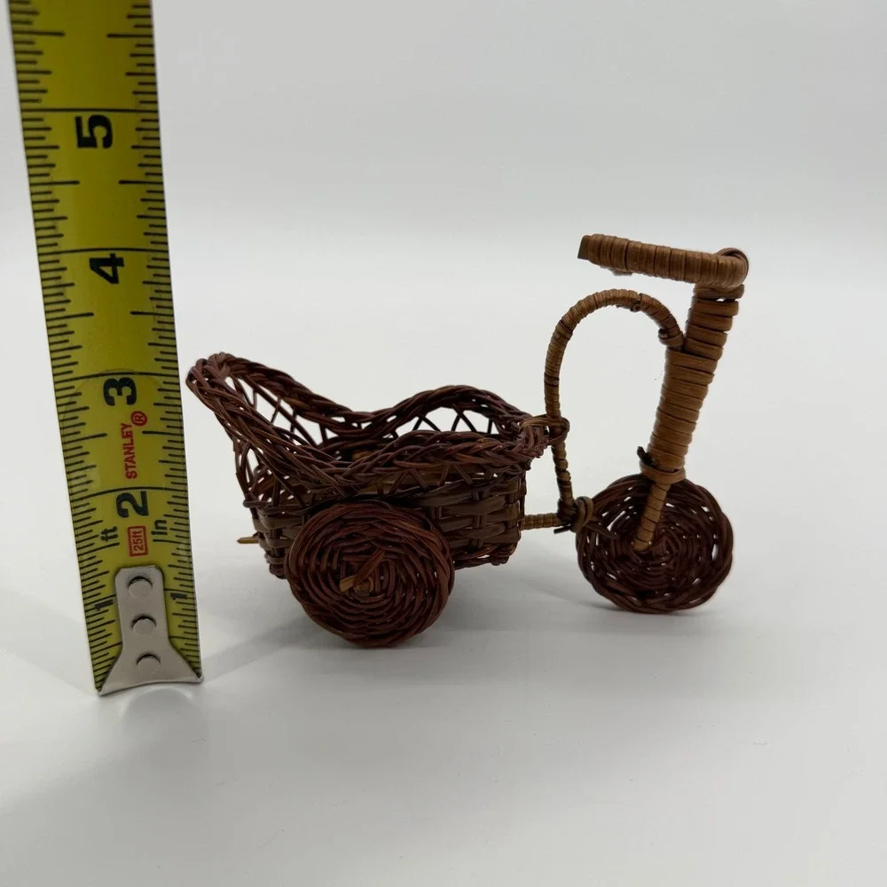 Miniature Wicker Tricycle Basket Plant Holder Brown Woven Rattan Decor 4x5 Inch